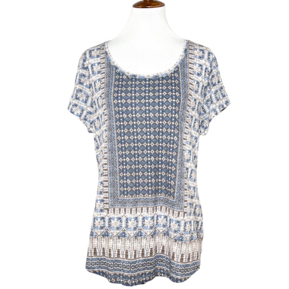 Lucky Brand Geometric Blue White Boho Mixed Media Printed Short Sleeve Knit Tee